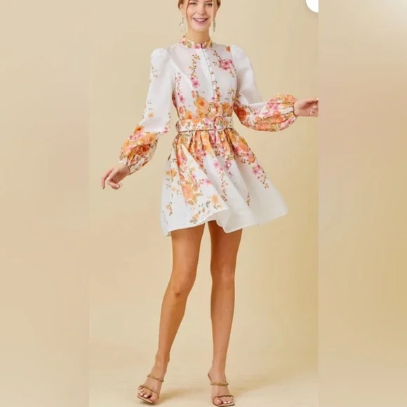 Mainstrip Amy Floral Print Dress Long Sleeve Holiday Mini White Medium No Belt - Picture 2 of 15